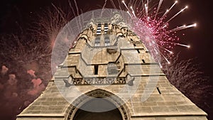 fireworks over the Saint-Jacques Tower (Tour Saint-Jacques). Paris, France.