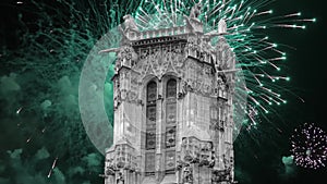 fireworks over the Saint-Jacques Tower (Tour Saint-Jacques). Paris, France.