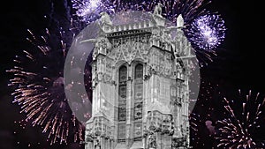 fireworks over the Saint-Jacques Tower (Tour Saint-Jacques). Paris, France.