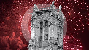 fireworks over the Saint-Jacques Tower (Tour Saint-Jacques). Paris, France.