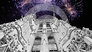 fireworks over the Saint-Jacques Tower (Tour Saint-Jacques). Paris, France.