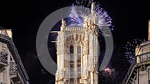 fireworks over the Saint-Jacques Tower (Tour Saint-Jacques). Paris, France.