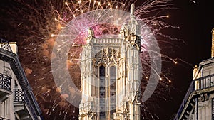 fireworks over the Saint-Jacques Tower (Tour Saint-Jacques). Paris, France.