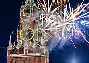 Fireworks over the Spasskaya Tower. Moscow Kremlin, Russia