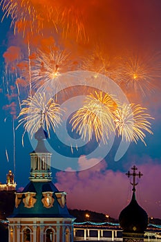 Fireworks over St. Andrew's Monastery in front of Moscow State University from the observation deck of the Russian