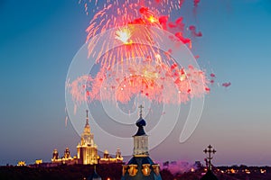 Fireworks over St. Andrew's Monastery in front of Moscow State University from the observation deck of the Russian