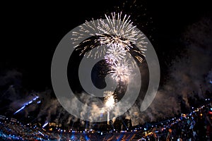 Fireworks over stadium during ending