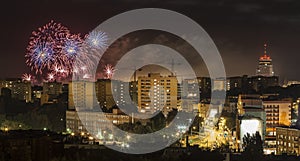 Fireworks over Szczecin City (Stettin) at night, Poland