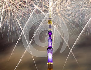 Fireworks over the Television Ostankino tower, Moscow, Russia