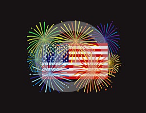 Fireworks over USA American Flag Black BG Illustration