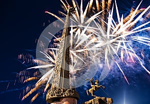 Fireworks over the War memorial in Victory Park on Poklonnaya Hill Gora, Moscow, Russia