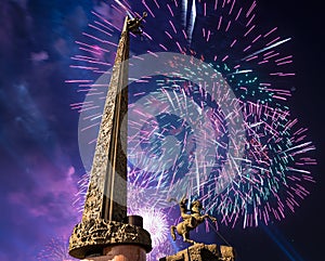 Fireworks over the War memorial in Victory Park on Poklonnaya Hill Gora, Moscow, Russia