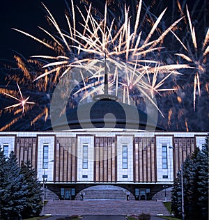 Fireworks over the War memorial in Victory Park on Poklonnaya Hill Gora, Moscow, Russia