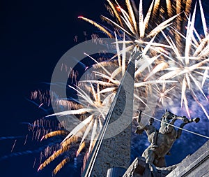 Fireworks over the War memorial in Victory Park on Poklonnaya Hill Gora, Moscow, Russia