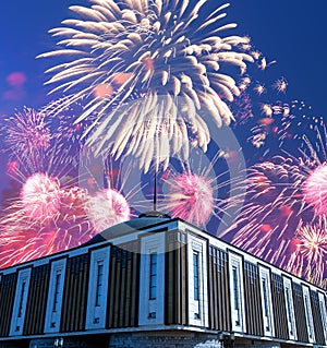 Fireworks over the War memorial in Victory Park on Poklonnaya Hill Gora, Moscow, Russia