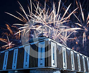 Fireworks over the War memorial in Victory Park on Poklonnaya Hill Gora, Moscow, Russia