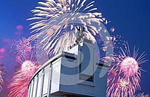 Fireworks over the War memorial in Victory Park on Poklonnaya Hill Gora, Moscow, Russia