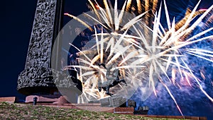 Fireworks over the War memorial in Victory Park on Poklonnaya Hill Gora, Moscow, Russia