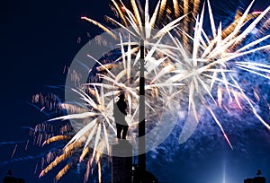 Fireworks over the War memorial in Victory Park on Poklonnaya Hill Gora, Moscow, Russia