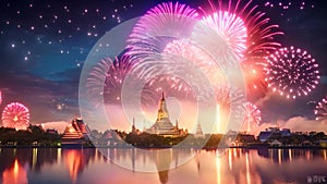 Fireworks over Wat Arun temple, bangkok, thailand, Beautiful firework show for celebration with blur bokeh light over Phra Nakhon