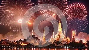 Fireworks over Wat Phra Kaew at night, Bangkok, Thailand, Beautiful firework show for celebration with blurred bokeh light over