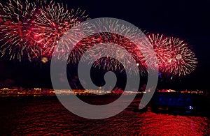 Fireworks over the water Holiday light. Night cityscape scene. Neva river, Saint-Petersburg, Russia. Holiday Scarlet Sails