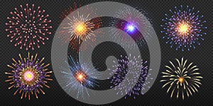 Fireworks. Realistic colorful and golden burst with brightly shining sparks, party celebration pyrotechnic. Vector light