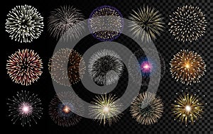 Fireworks realistic vector illustration. Celebrating, birthday and new year decorations.