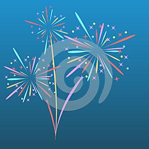 Fireworks rocket explodes in colored stars. Design element on isolated blue background. Abstract vector illustration. photo