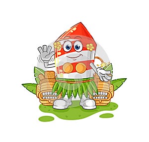 Fireworks rocket hawaiian waving character. cartoon mascot vector