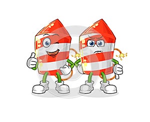 Fireworks rocket thumbs up and thumbs down. cartoon mascot vector