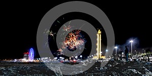 Fireworks at Sablettes promenade. Djamaa el DjazaÃ¯r the Great Mosque of Algiers