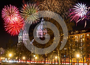 Fireworks at the Sankt Lukas church in Munich at night