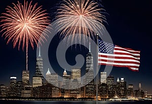 fireworks are seen behind an american flag with city scape of buildings on the background
