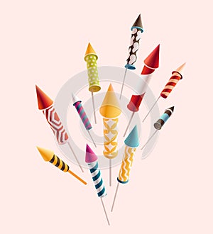 Fireworks set rocket. Colorful vector illustration