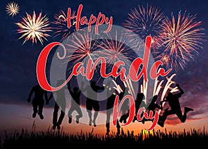 Fireworks in sky and hand lettering text happy Canada day