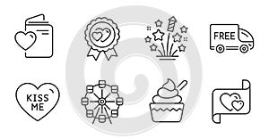 Fireworks stars, Ferris wheel and Kiss me icons set. Love document, Love award and Ice cream signs. Vector