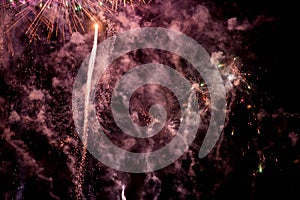 Fireworks. Stars and shiny fireworks on red background