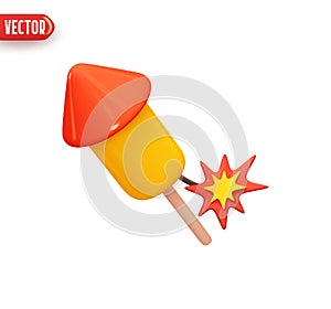 Fireworks on stick with spark of decor for holiday. Firecracker rocket launcher. Realistic 3d design element In plastic