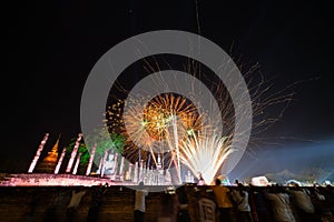Fireworks at Sukhothai Province in the north of Thailand during the Loy Krathong Light and Candle Burning Festival