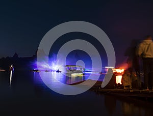 Fireworks in Trakai, Lithuania. Trakai Castle at night - Island castle in Trakai is a museum and a cultural center, Lithuania. Fir