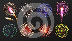 Fireworks. Various multicolored firework explosions with shining sparks. Christmas pyrotechnic show elements. Realistic photo