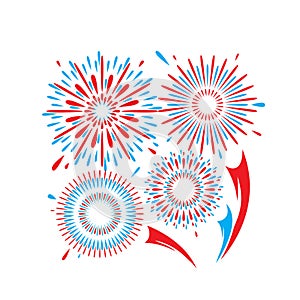 Fireworks vector pattern background. Bright blue red firework isolated on white backdrop in simple flat style, square