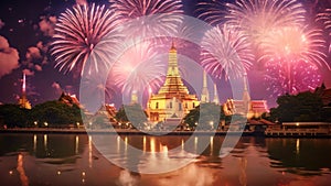 Fireworks at Wat Arun Temple, Bangkok, Thailand, Asia, Beautiful firework show for celebration with blurred bokeh light over Phra