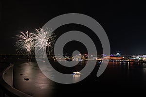 Fireworks in Yas Bay Abu Dhabi for celebrating public islamic holiday Eid Al Fitr