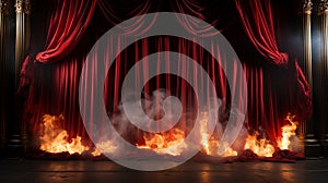 Firey Stage with Red Velvet Curtains On Fire. Generative AI
