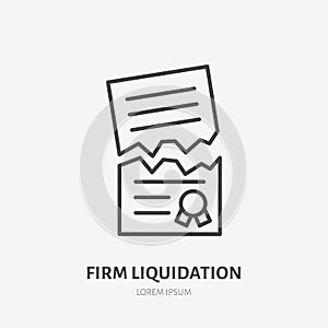 Firm liquidation flat line icon. Agreement cancellation, torn paper sign. Thin linear logo for legal financial services photo