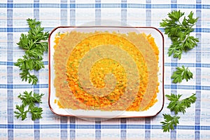 firm orange lentils mounded on flat surface