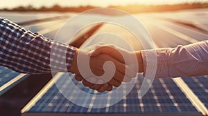 Firm representatives engage in a handshake before an expanse of solar panels, signifying alliances fostered for green photo