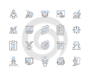 Firm success line icons collection. Prowess, Prosperity, Vision, Innovation, Achievement, Growth, Sustainability vector